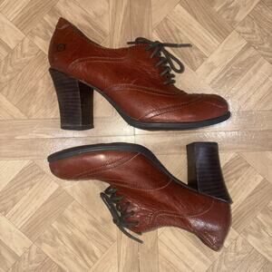 Born Shoes Size 8 Leather Heels Oxford Western Block Stacked Lace Up